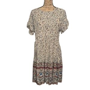 Cream and Brown Floral Flutter Sleeve Midi Sundress Women's Medium Nwot